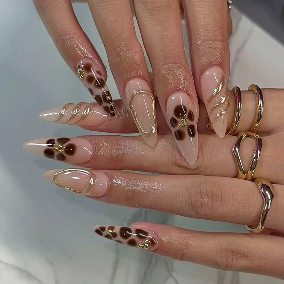 24pcs/set fake nails for women girls 3D embossed flowers cute pink blue leopard print Almond Square tips press on false nail 2826