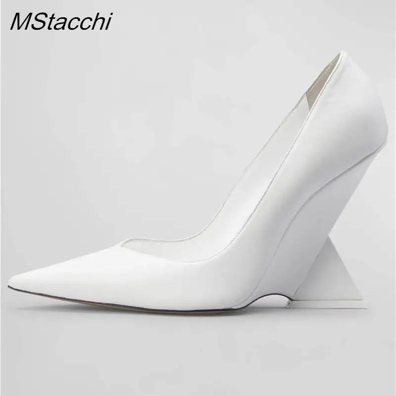 Runway Women Heels Pumps 2025 Designer Shoes Patent leather Pointed Toe Slingback Shallow Luxury Brand Strange Heel Woman Shoes WHITE