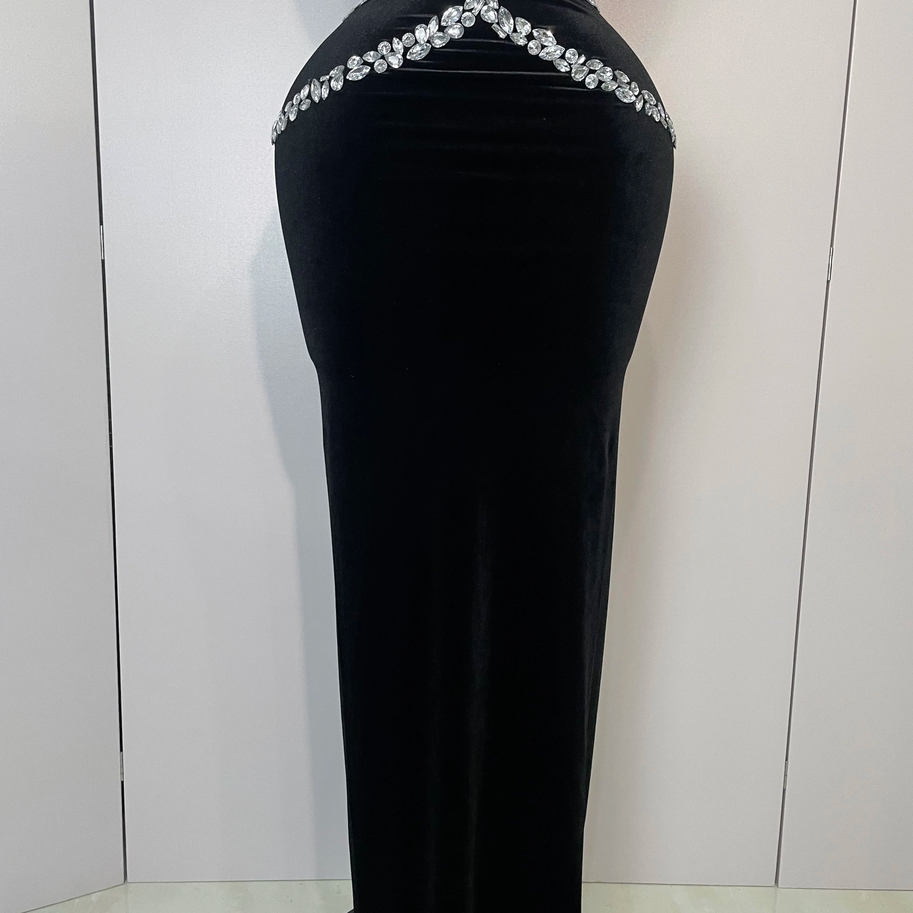 STOCK 2025 Women Sparkly Rhinestone Two-piece Set Sexy Velvet Singer Nightclub Outfit Celebrate Birthday Elegant Party Dresses