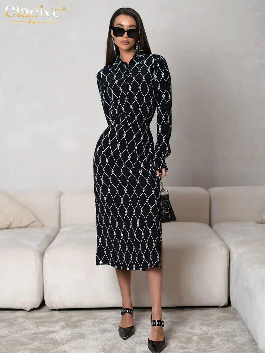 Clacive Fashion Loose Print Women'S Dress Casual Lapel Long Sleeve Midi Dresses Elegant Classic Lace-Up Slit Female Dress black
