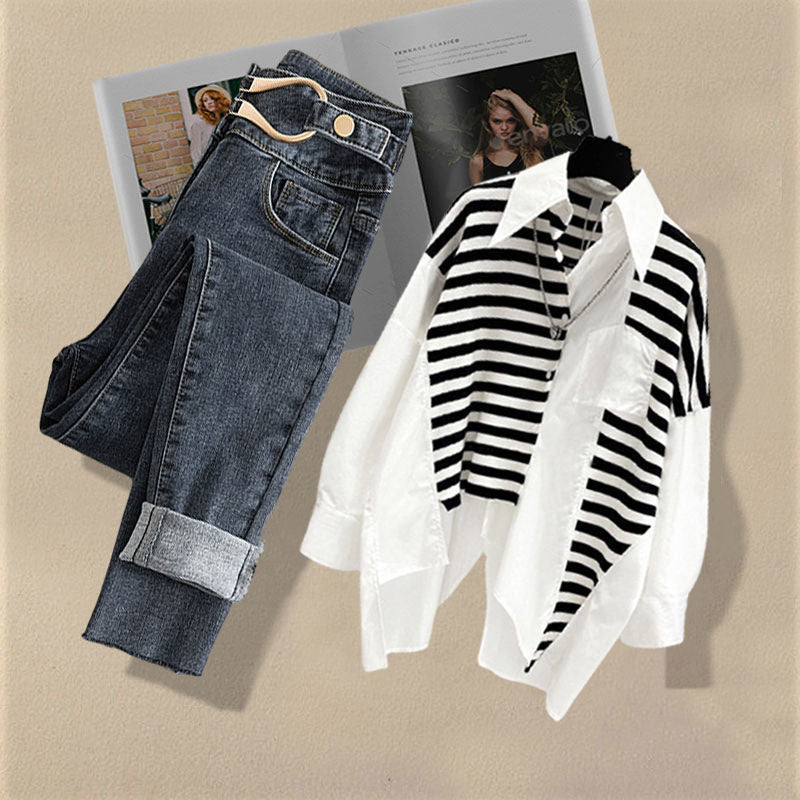 Spring and Autumn Set Women's New Dress Western Shirt Top Versatile Jeans Two Piece Y2k Clothes Women's Pants Two piece set 4