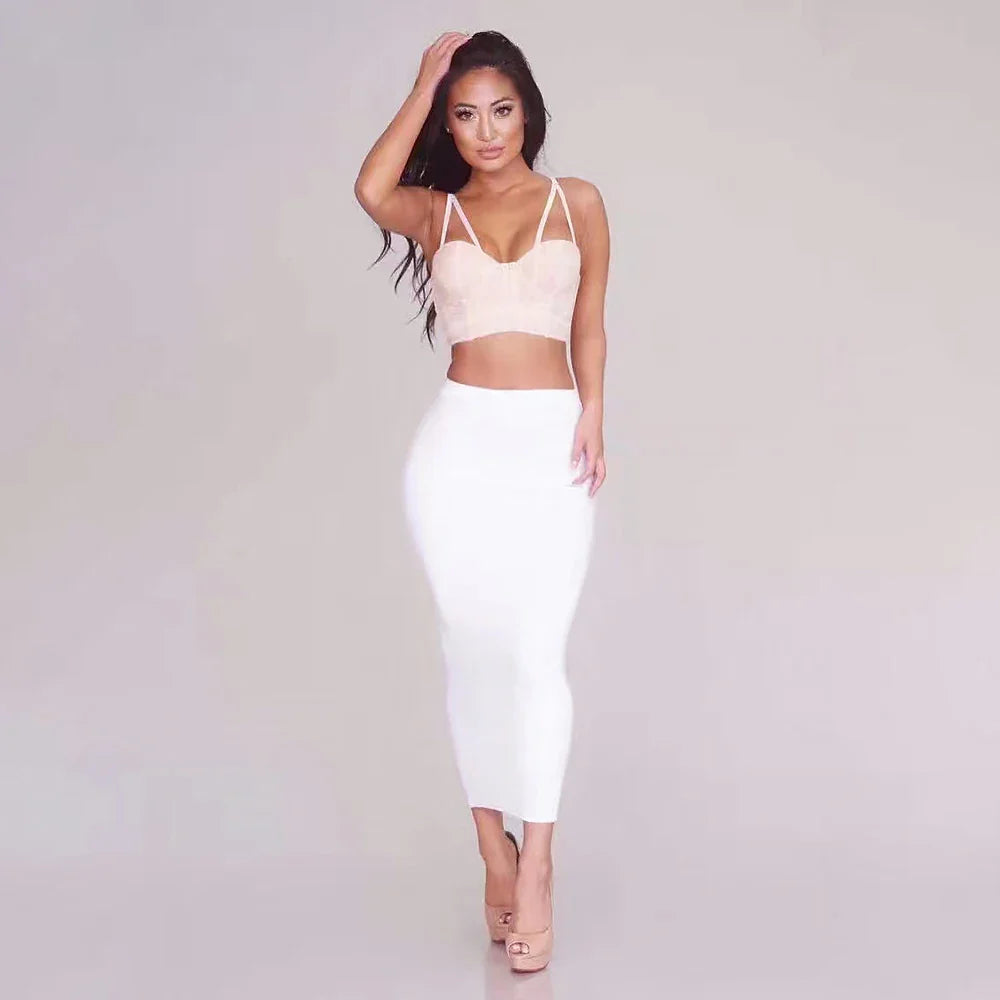 HQBORY Sexy Nude Beige Bandage Skirts Midi 2023 Women Summer Red Split Party Skirt Bodycon High Waist Office Lady Skirt WHITE