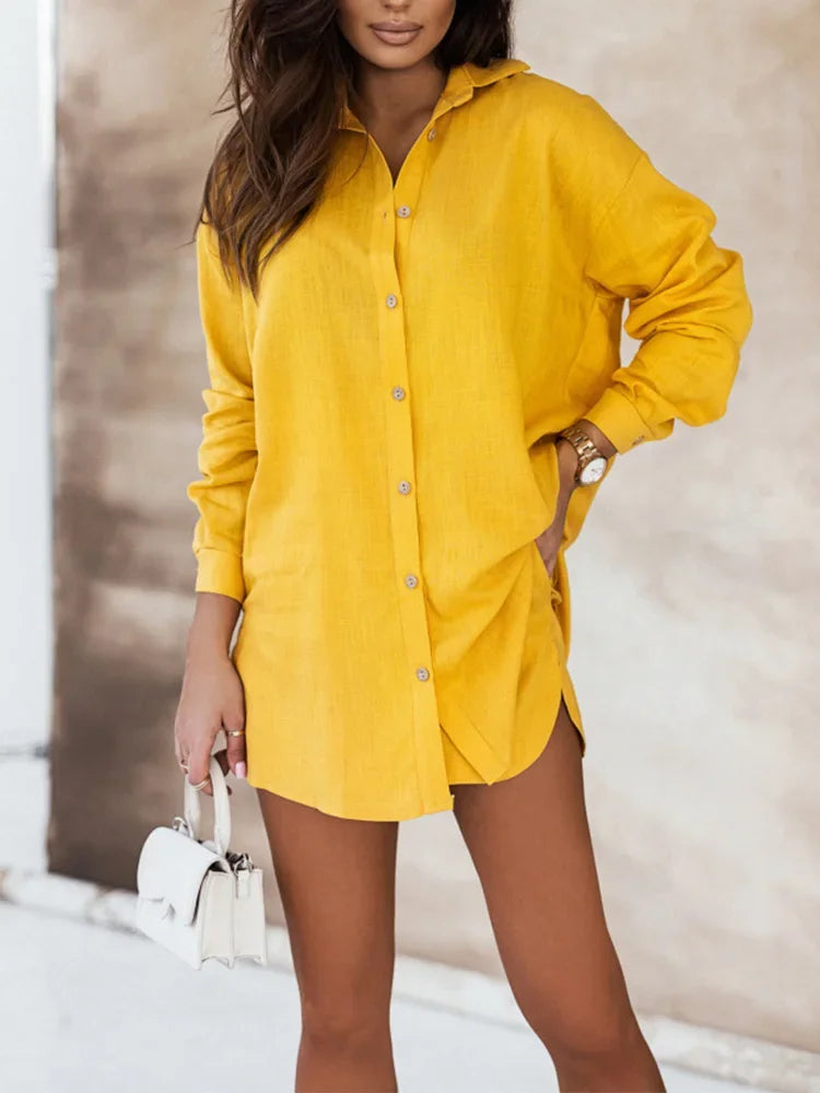 Two Piece Set Womens Outifits Long Sleeve Shirt and Short Print Shorts Suits Vintage Casual Loose Elegant Lapel Female Suit yellow 2TZ73