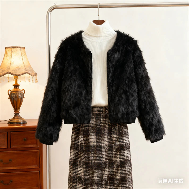 Black Faux Fur Bomber Jacket for Women - High Collar, Zipper Closure, Soft Fluffy Texture, Stylish Cold-Weather Coat