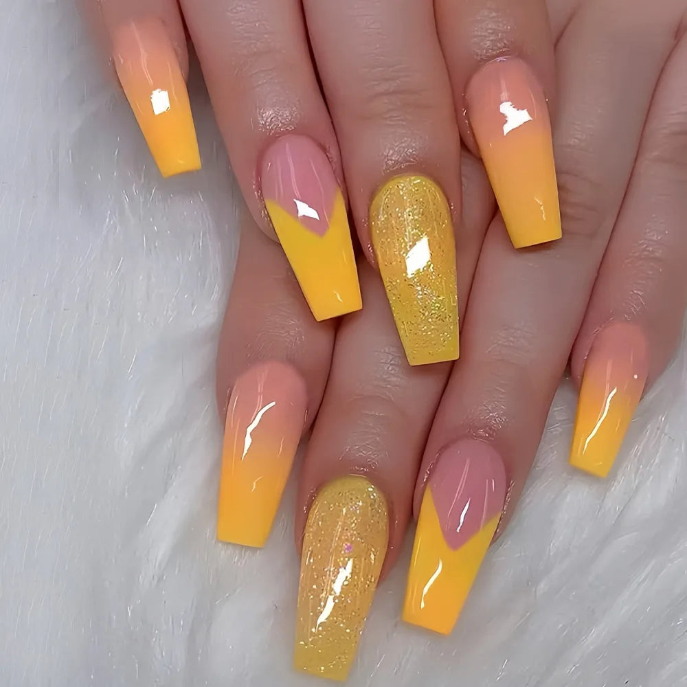 24pcs/set Medium long fake nails for women girls Y2K gradient purple blue yellow green square almond tips press on false nails 2565