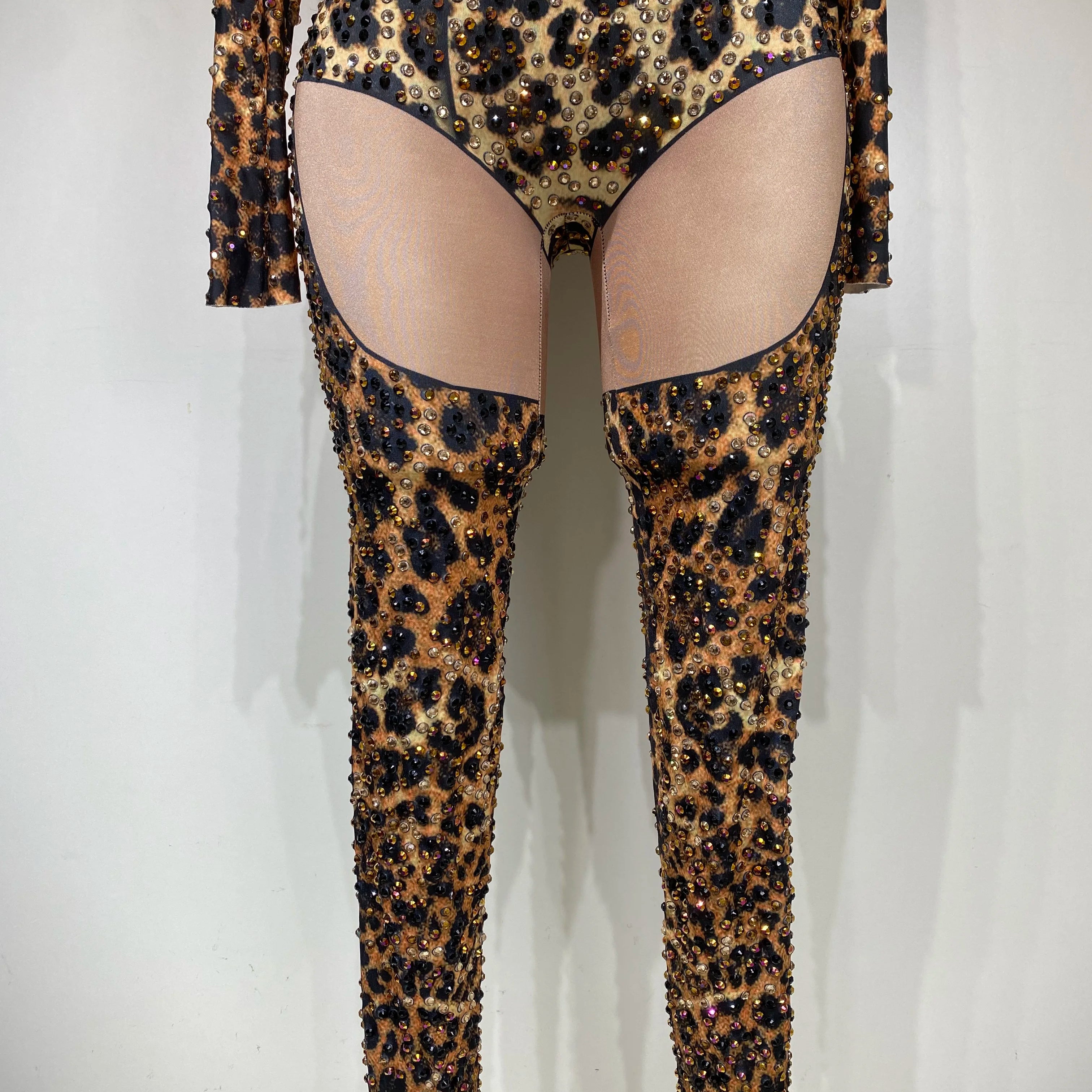 Women 2025 Stretch Leopard Print Sexy Bodycon Jumpsuit Bar Nightclub Singer Dancer Luxury Diamond Stage Performance Outfit