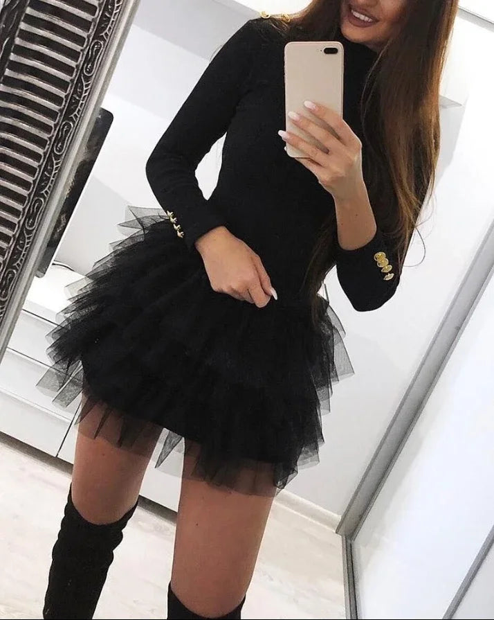 Mini Dress for Women 2023 Fashion Layered Ruffles Mesh Long Sleeve Sexy Party Skinny Dress Elegant Casual Female's Skirt Winter