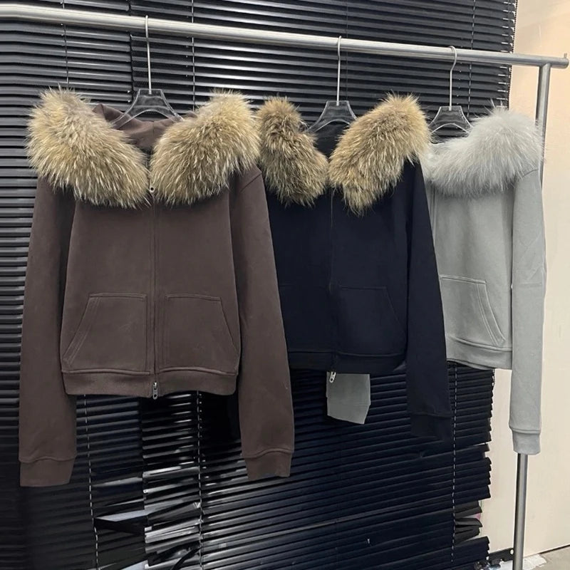 Autumn Winter New Large Fur Collar Brushed Sweatshirt for Women Fashion Detachable Design Hooded Jacket 11A07536