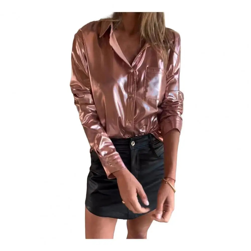 Button-down Blouse Stylish Lapel Long Sleeve Women's Shirt Tops with Patch Pocket Casual Suede Single Breasted Bright for A Pink