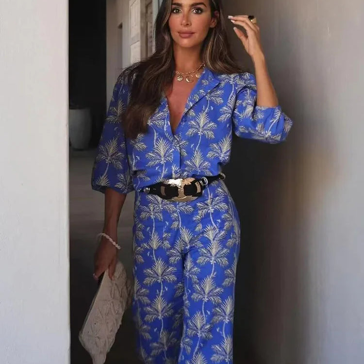 TRAFZA Women 2 Piece Set Print O-Neck Single-Breasted Decorate Long Sleeves Casual Top+Elegant Pocket Buttons Zipper Long Pant