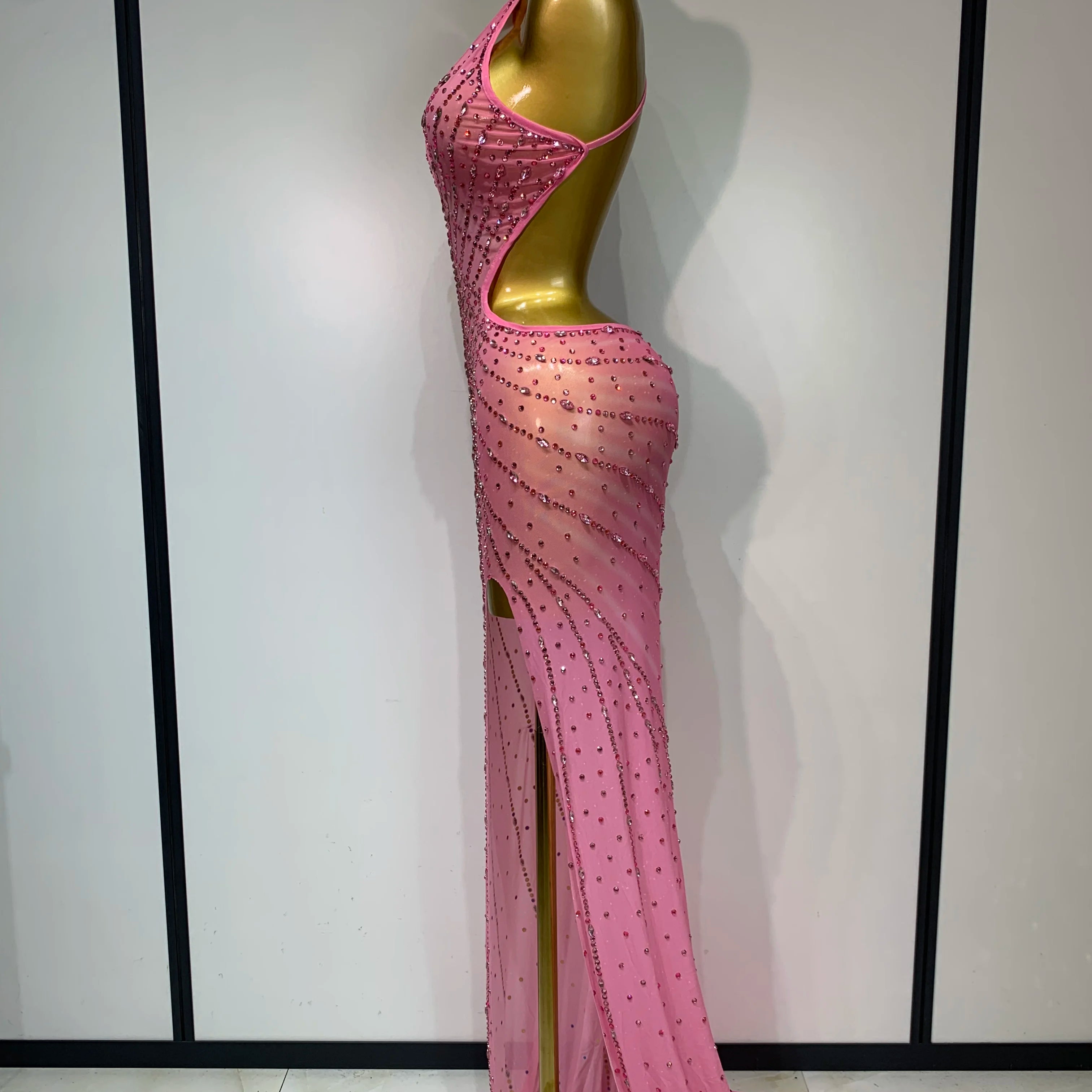 Sparkly Rhinestone Halter Mesh Transparent Dress Birthday Celebrate Evening Party Dress Women Sexy Split Backless Stage Outfit