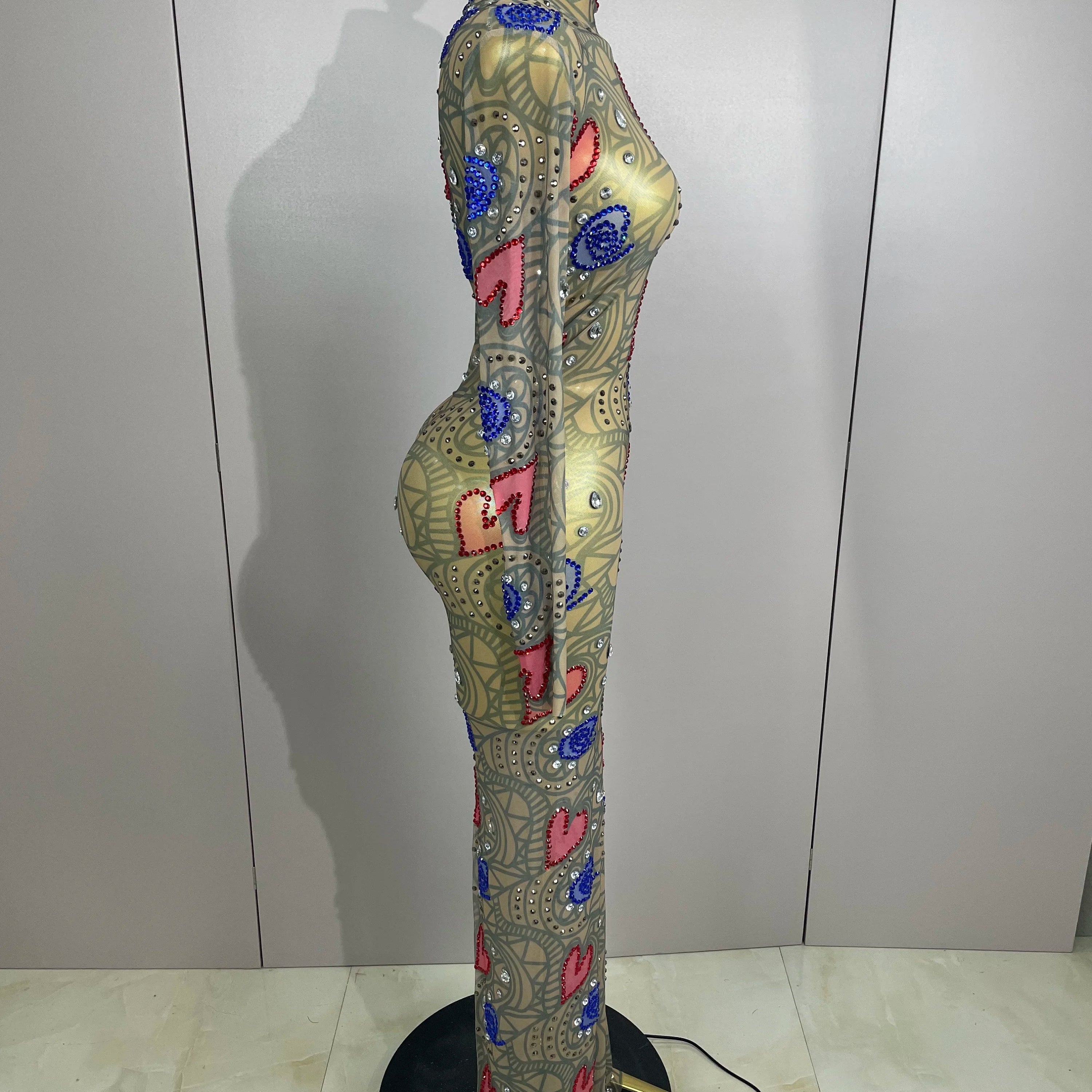 2025 New Sparkly Diamond High Neck Sexy Mesh Wrap Hip Long Dress Host Annual Meeting Party Nightclub Bar Performance Costume