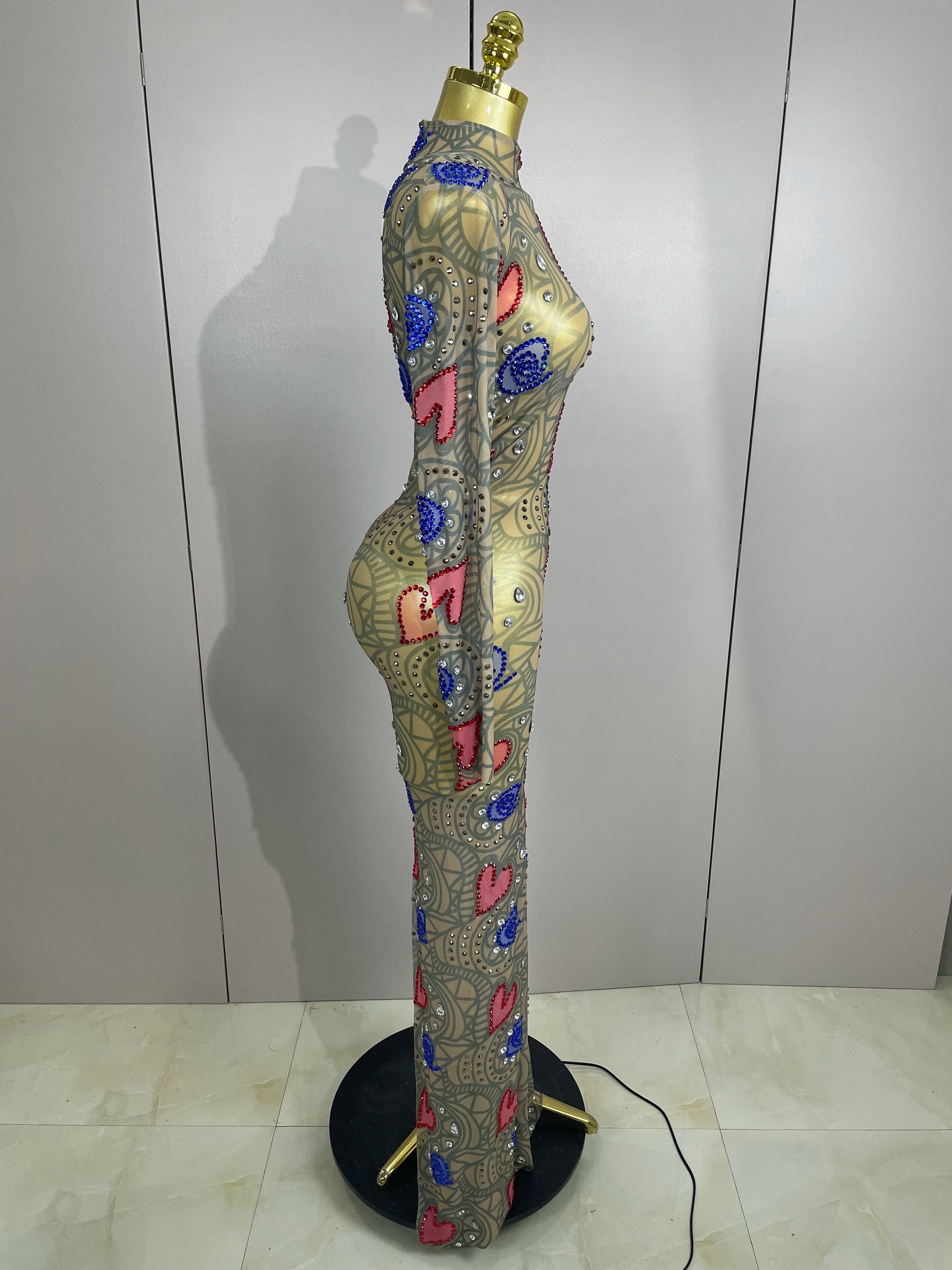 2025 New Sparkly Diamond High Neck Sexy Mesh Wrap Hip Long Dress Host Annual Meeting Party Nightclub Bar Performance Costume