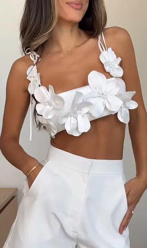 Summer Sexy 3d Flowers Sling Tank Tops Women Elegant Slim White Backless Crop Top New Chic Female Holiday Party Outfits WHITE