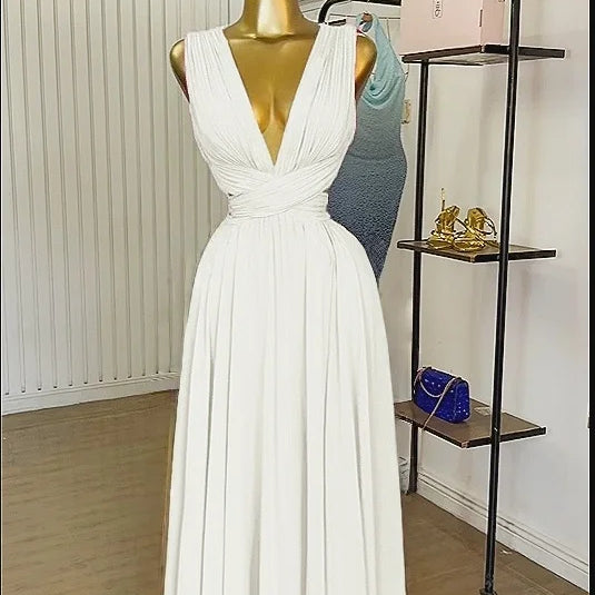 CM.YAYA Women Sleeveless Cutout Back Wrap V-neck Pleated A-line Chiffon Maxi Long Dress Birthday Vacation Sexy Party Dresses