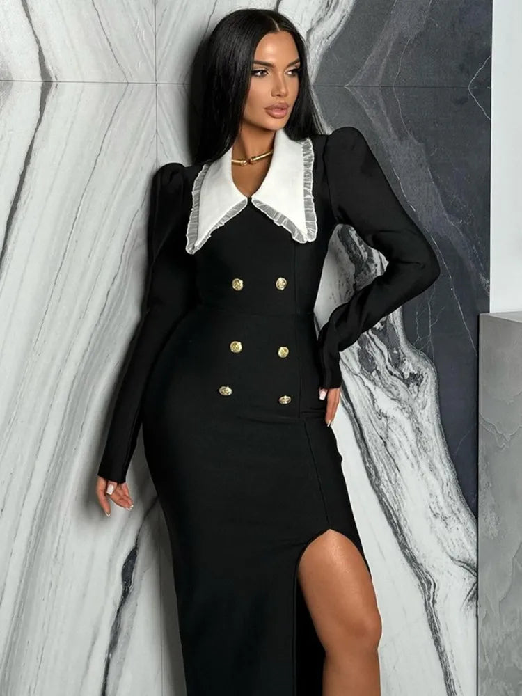 Women Celebrity Sexy Long Sleeve Patchwork Button Black Long Bodycon Bandage Dress Elegant Evening Club Party Dress