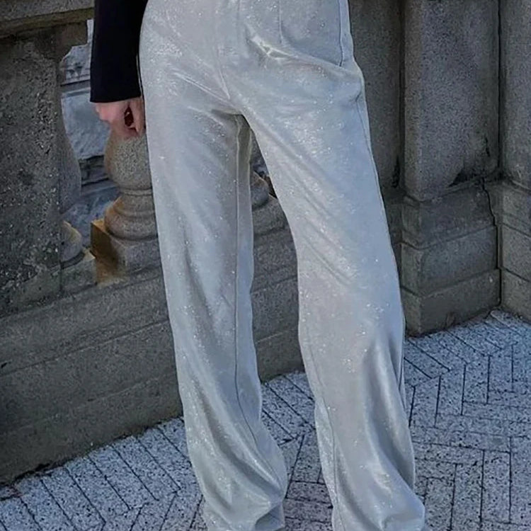 Fantoye Turn-down Collar Sequins Women Blazer Sets Silver Long Sleeve Tops Casual Pants Women Spring Loose Fashion Streetwear Pant