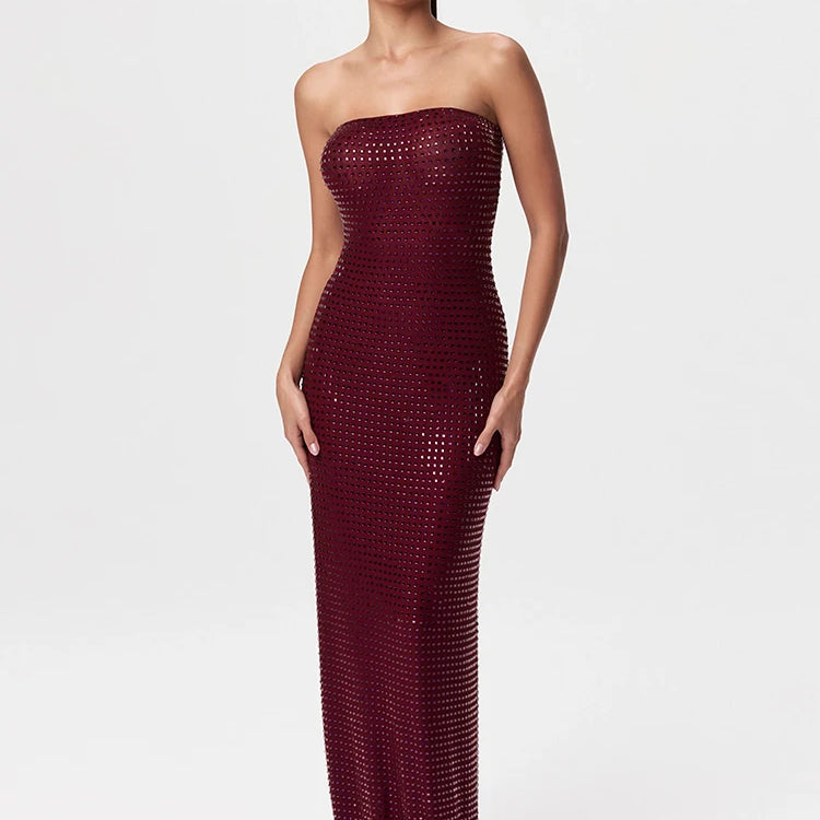 Redwine Beaded Strapless Long Maxi Dress For Women Elegant Sleeveless Backless Sparkle Crystals Bodycon Cocktail Evening Gown