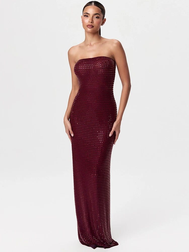 Redwine Beaded Strapless Long Maxi Dress For Women Elegant Sleeveless Backless Sparkle Crystals Bodycon Cocktail Evening Gown