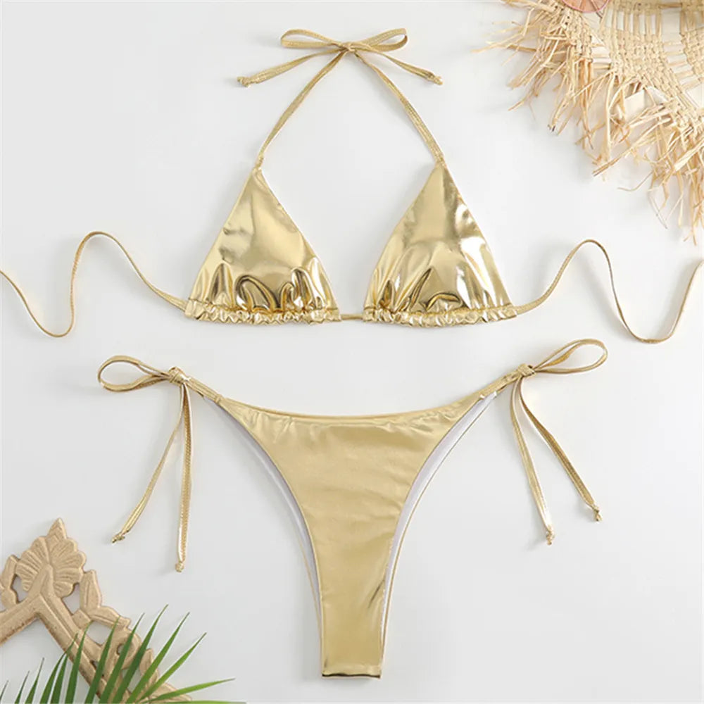 Halter Triangle Sexy Bikini Sets 2023 Women Patent Leather Glitter Swimsuit Summer Solid G-String Swimwear Side Lace Up Monokini s1Gold Color