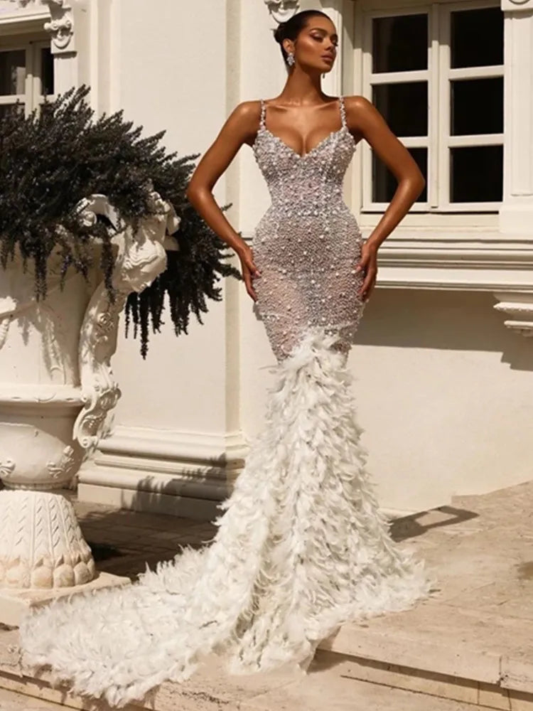 Women Celebrity Sexy V Neck Pearl Sequins Feather Maxi Long Dress 2024 Elegant Party Evening Stage Performance Dress Vestido Beige