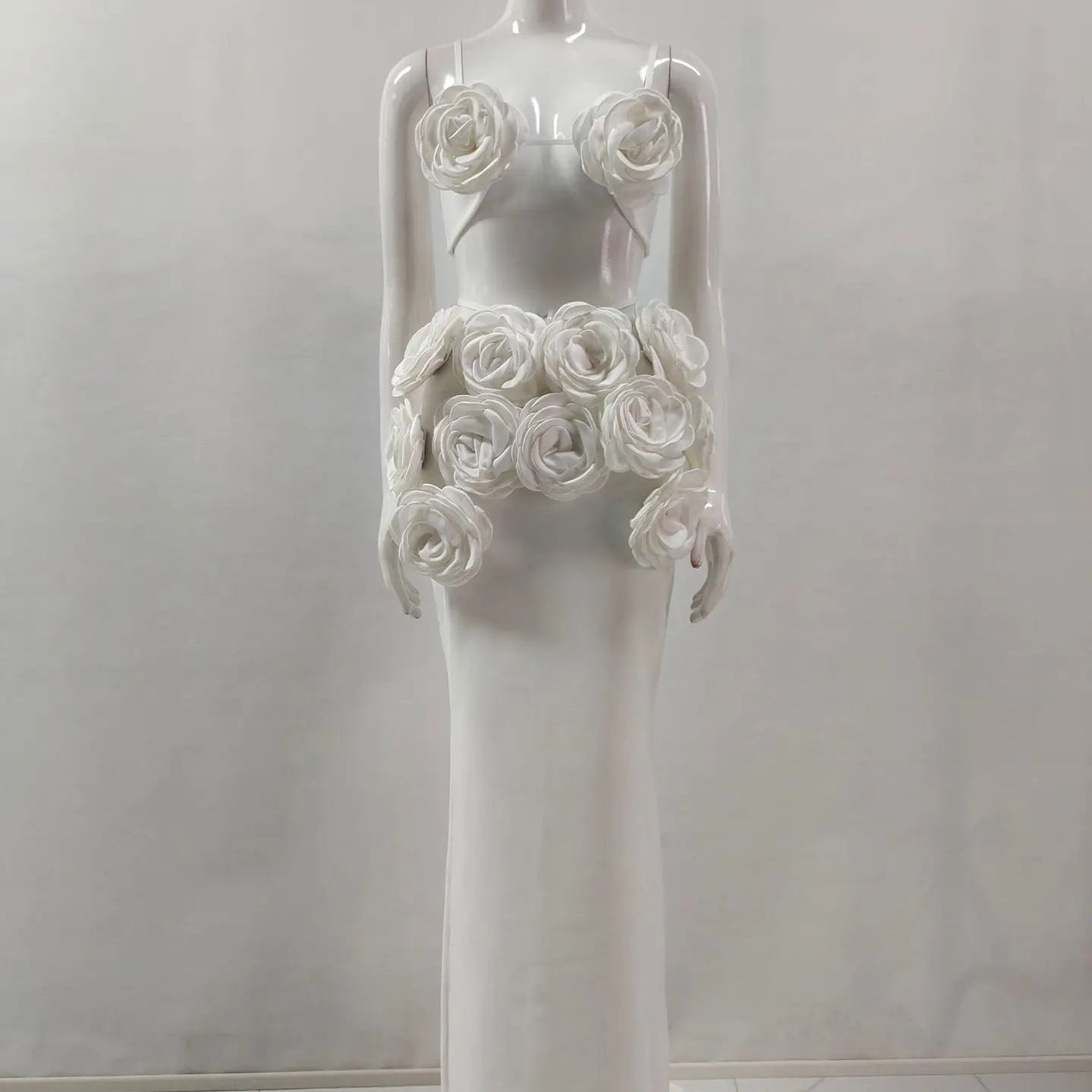 Black White Color Women Sexy Sleeveless V-Neck Bodycon 2 Pieces Bandage Long Dress Florals Celebrate Nightclub Party Outfit WHITE