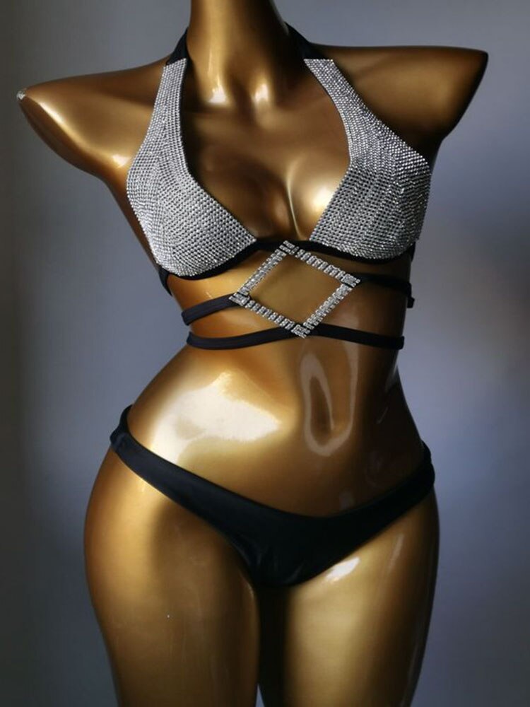Swimwear Bikini Sets Swimsuit 2024 Summer Beach Shiny Crystal Rhinestone Padded Push Up Bikinis Set Outfits For Women Black 2
