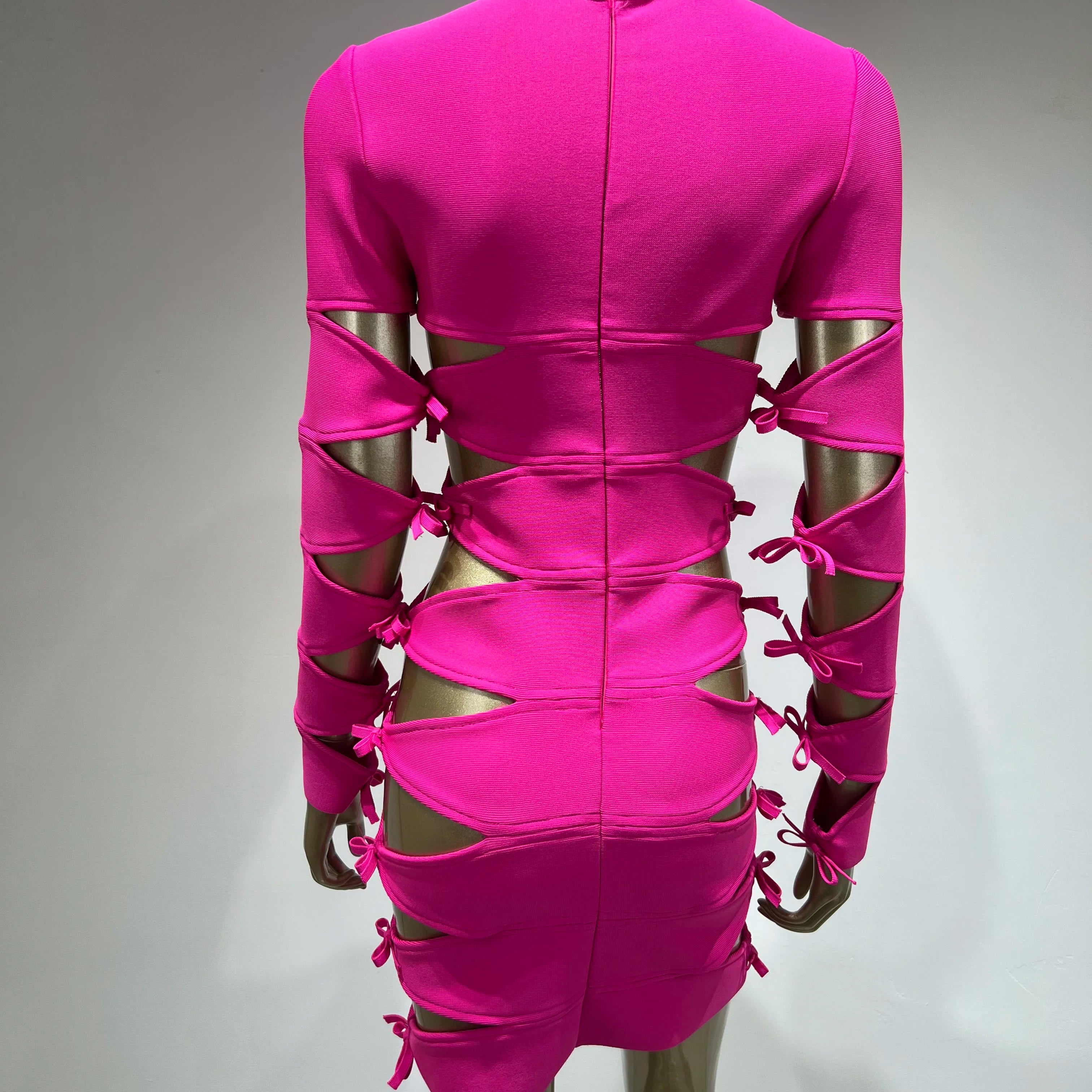 Autumn Fashion Women Sexy Long Sleeve Hollow Out Pink Bow Tie Mini Bandage Dress 2023 Elegant Evening Club Party Dress