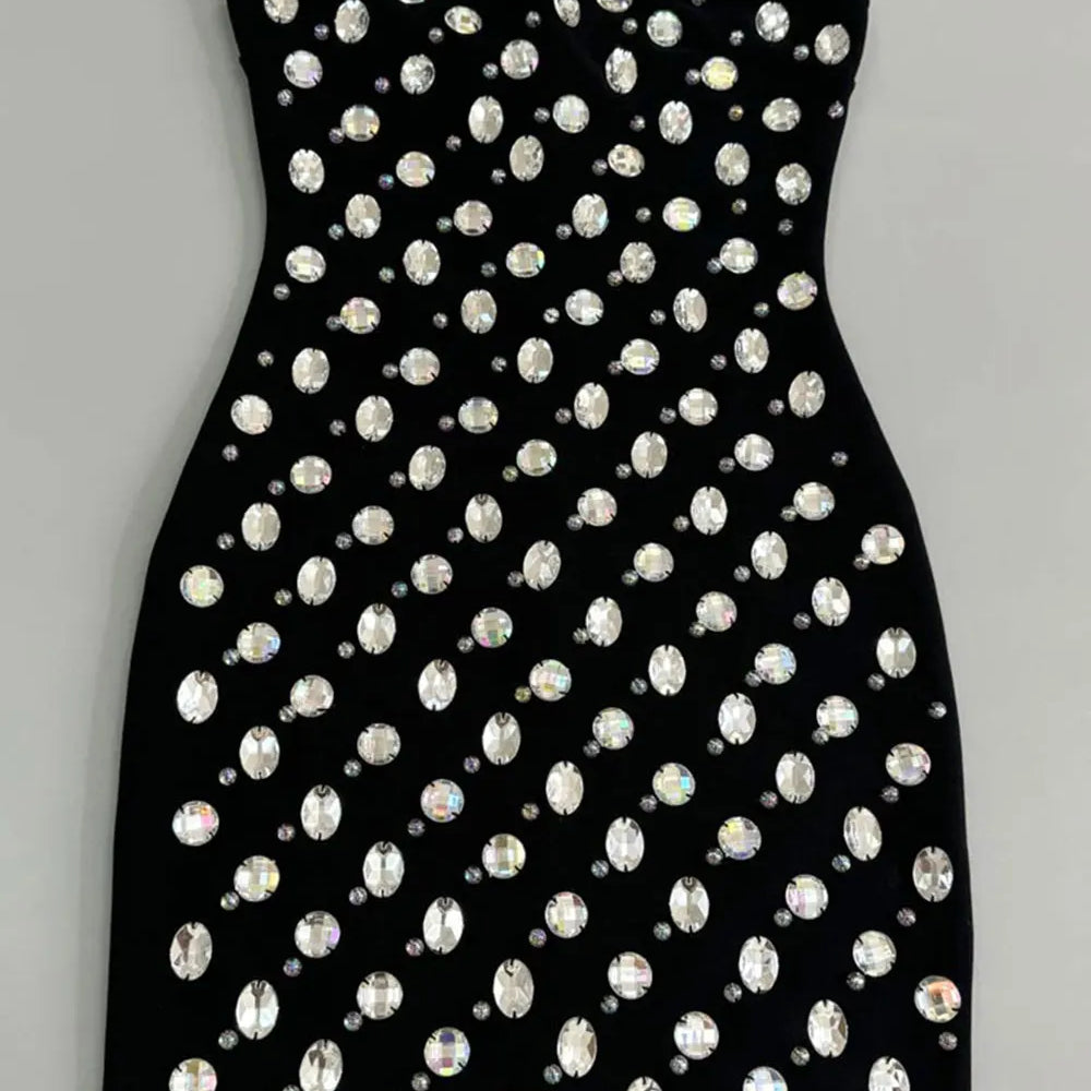 2025 Spring Sexy Women's Light Luxury Nail Bead Bandage Dress Strapless Sleeveless Bodycon Bareback Mini Dresses Party Vestidos black