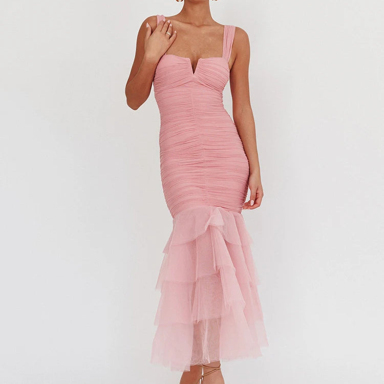 Mesh Backless Sexy Maxi Dress For Women Gown Two Layer Spaghetti Strap Sleeveless Ruched Bodycon Club Party Dress Pink