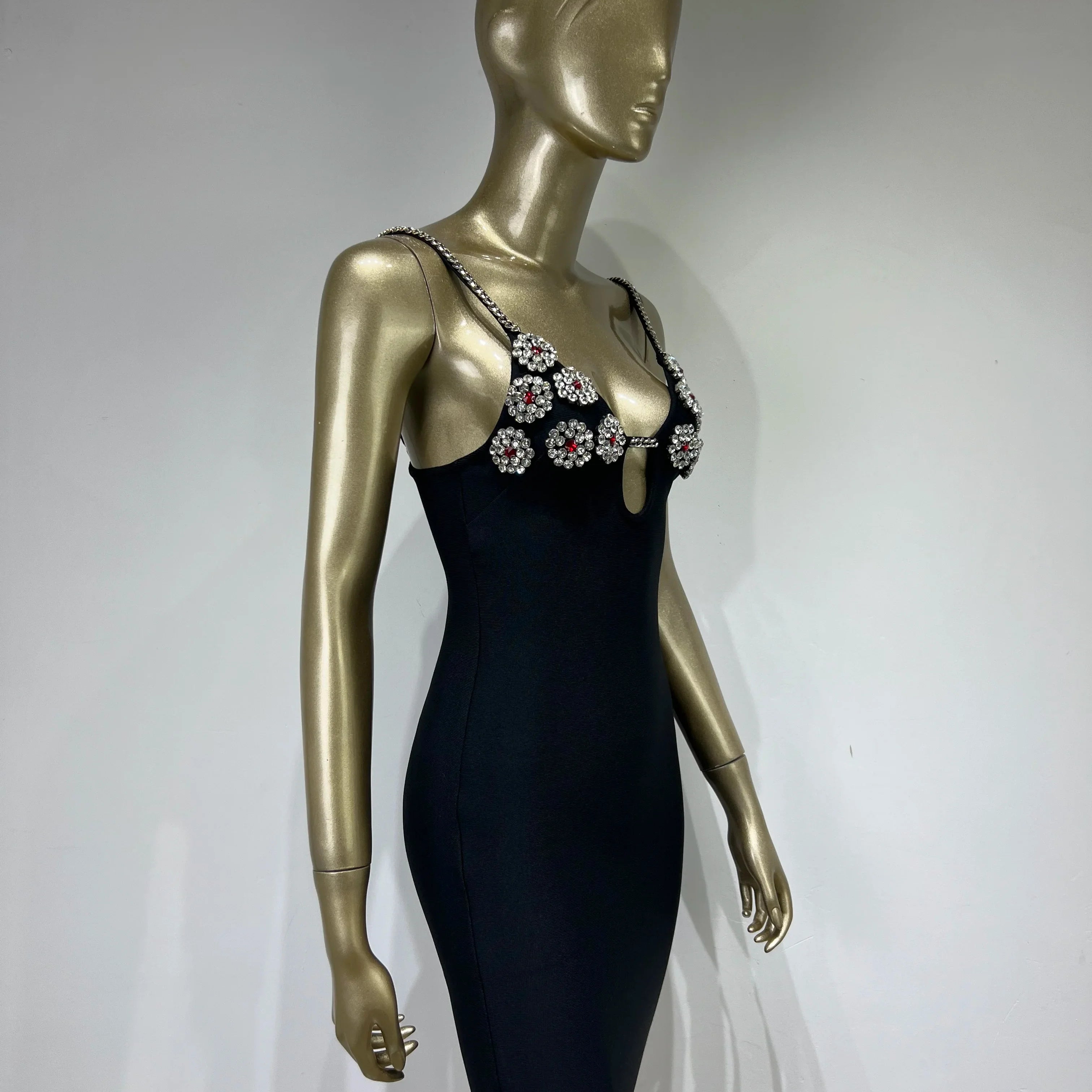 Newest Women Summer Fashion Sexy Key Hole Crystal Diamonds Black Mini Bandage Dress 2023 Elegant Evening Club Party Dress