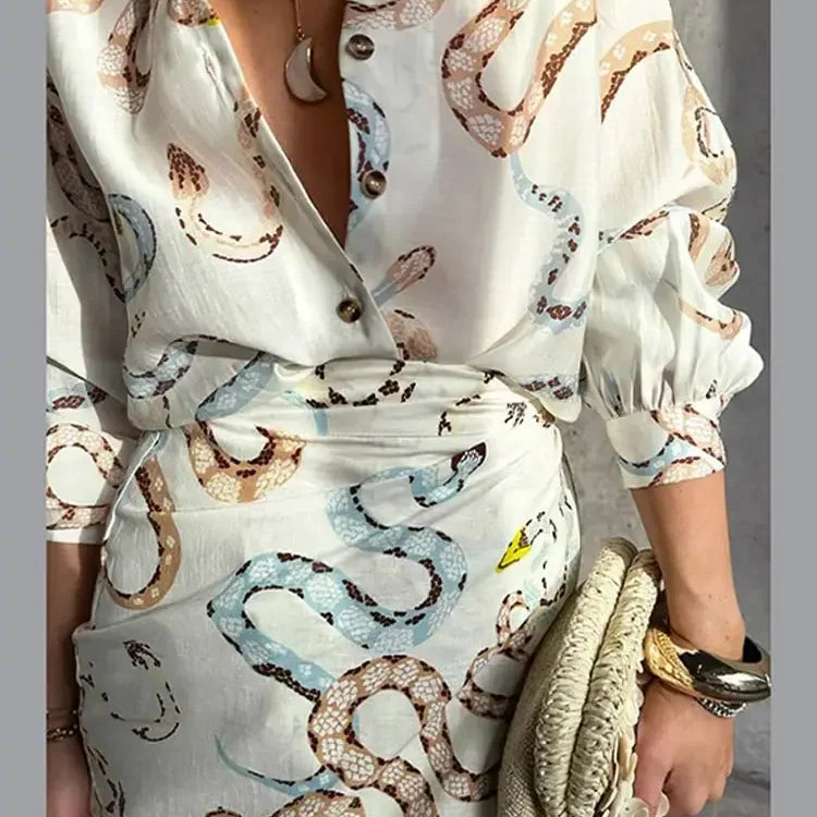 Snake Print Long Sleeve Shirt Split Skirt 2 Pcs Set Women Single Breasted Loose Lapel Short Dress Set Summer Chic Female Suits