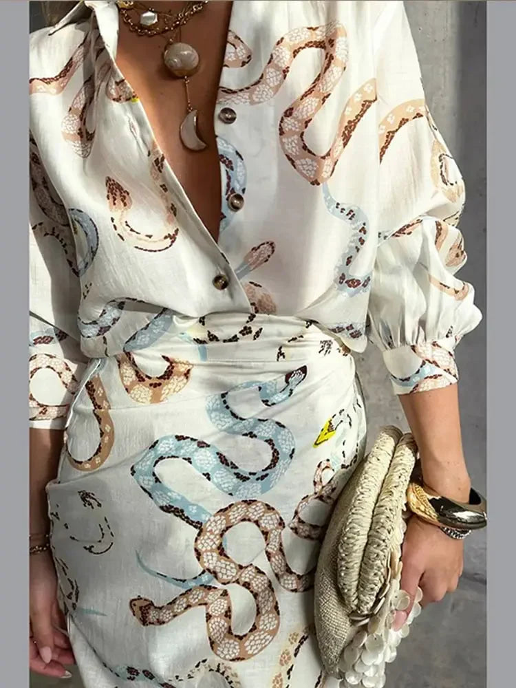 Snake Print Long Sleeve Shirt Split Skirt 2 Pcs Set Women Single Breasted Loose Lapel Short Dress Set Summer Chic Female Suits