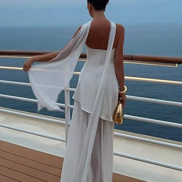 Elegant White Gauze Off Shoulder Long Dress Women Fashion Sleeveless Backless A-line Vestidos 2025 New Lady Vocation Beach Robes
