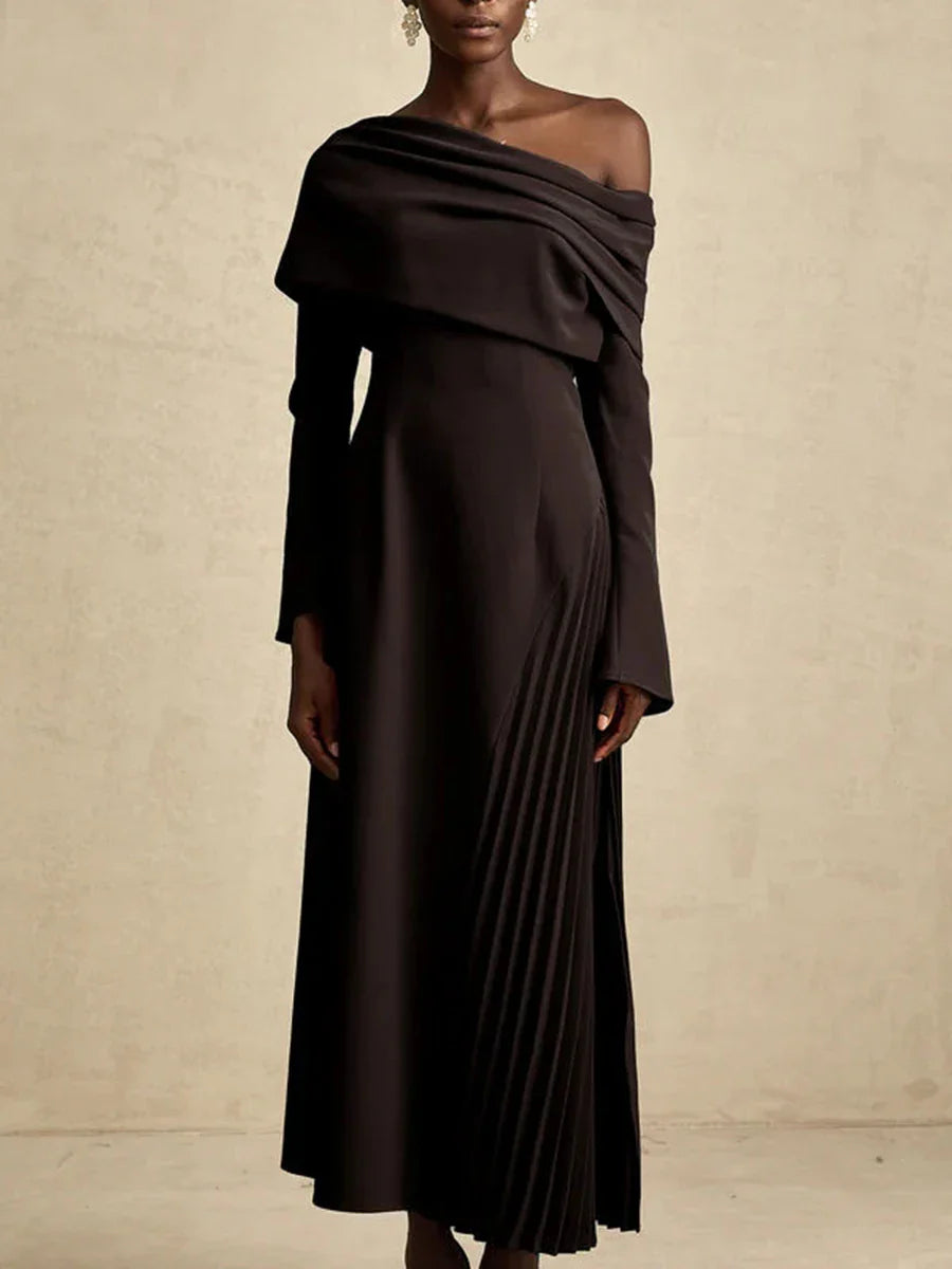 Solid Slimming Temperament Midi Dresses for Women Diagonal Neck Long Sleeves Minimalism Dress Female Clothing New BLACK