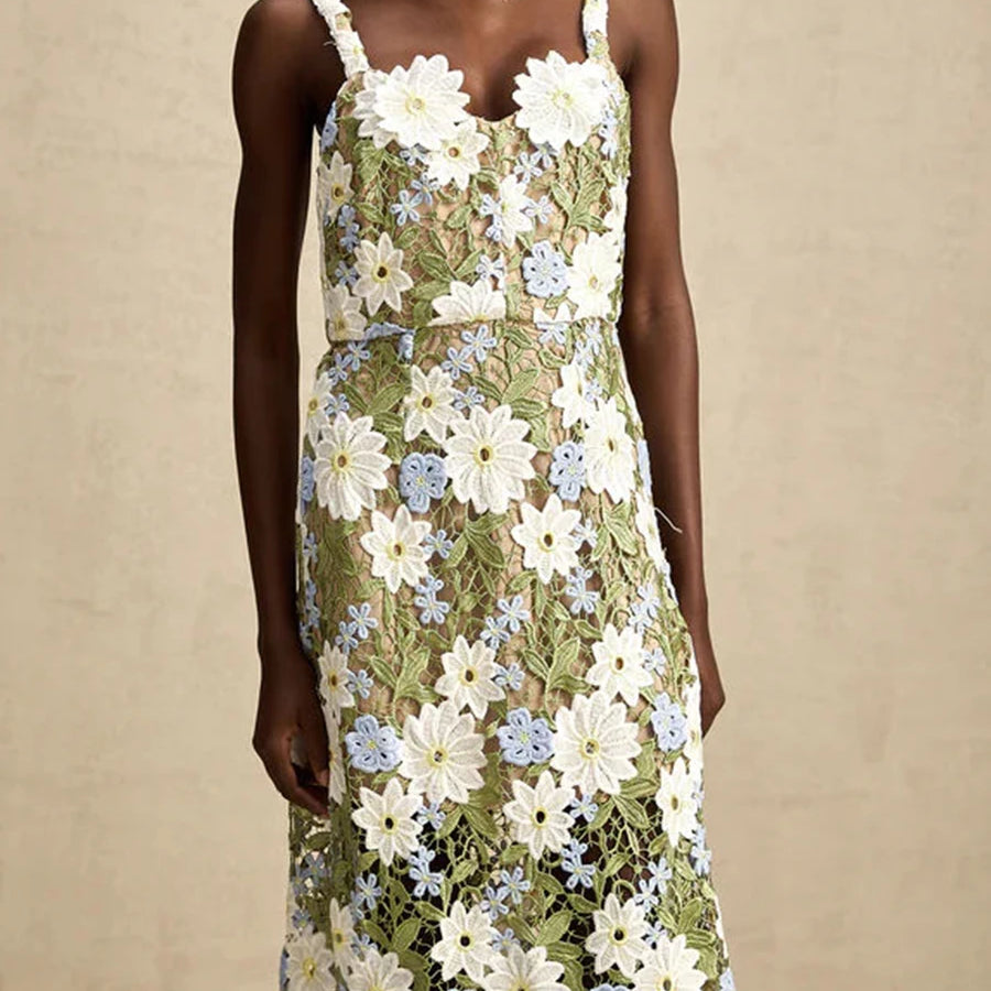 Colorblock Slimming Fashion Midi Dresses for Women Square Neck Sleeveless Patchwork Applique Dress Female Clothing