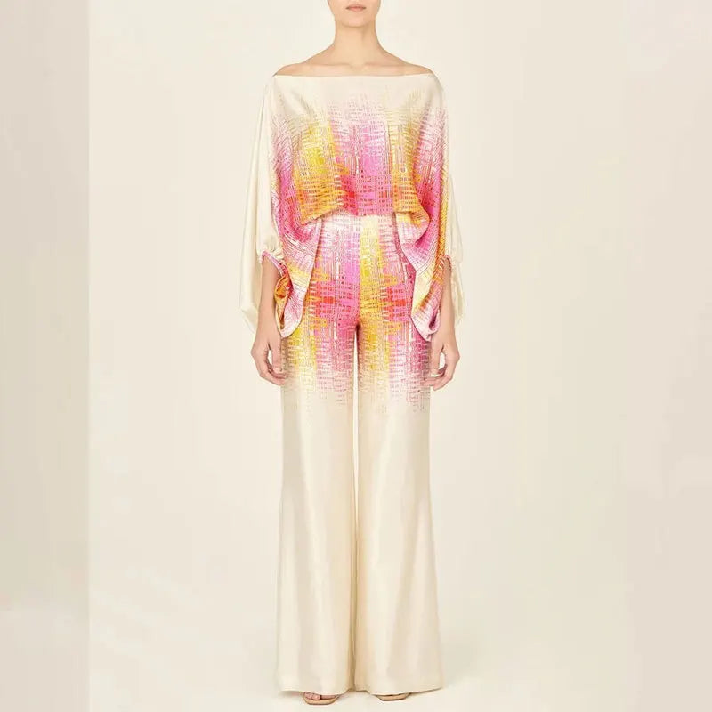 Women Fashion Hollow Off Shoulder Tops With Long Pants Office Lady 2 Piece Sets New Casual Wide Leg Pants Suits Pink-gradient