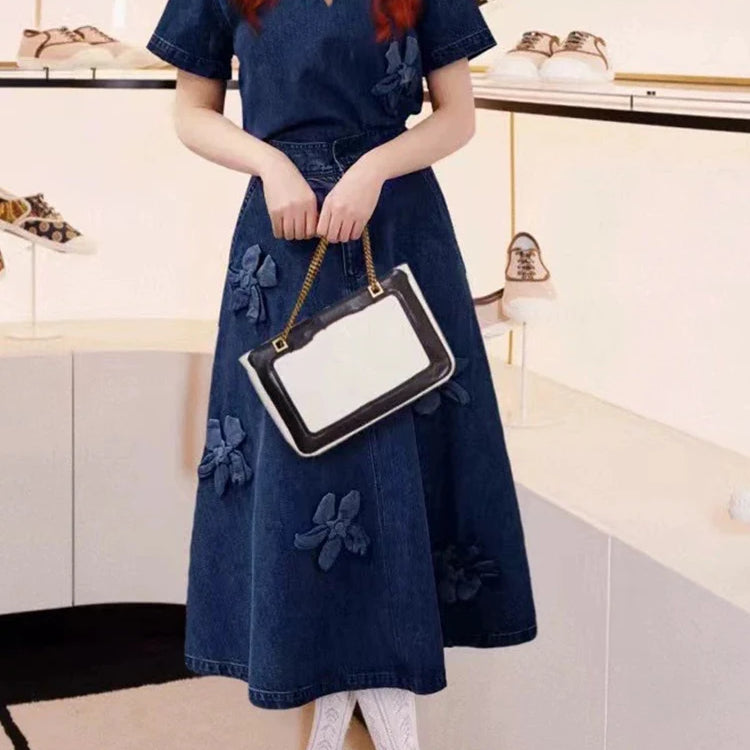 Spring 25 new denim women's suit three-dimensional flower lapel short-sleeved shirt+high waist A-shaped skirt two-piece suit