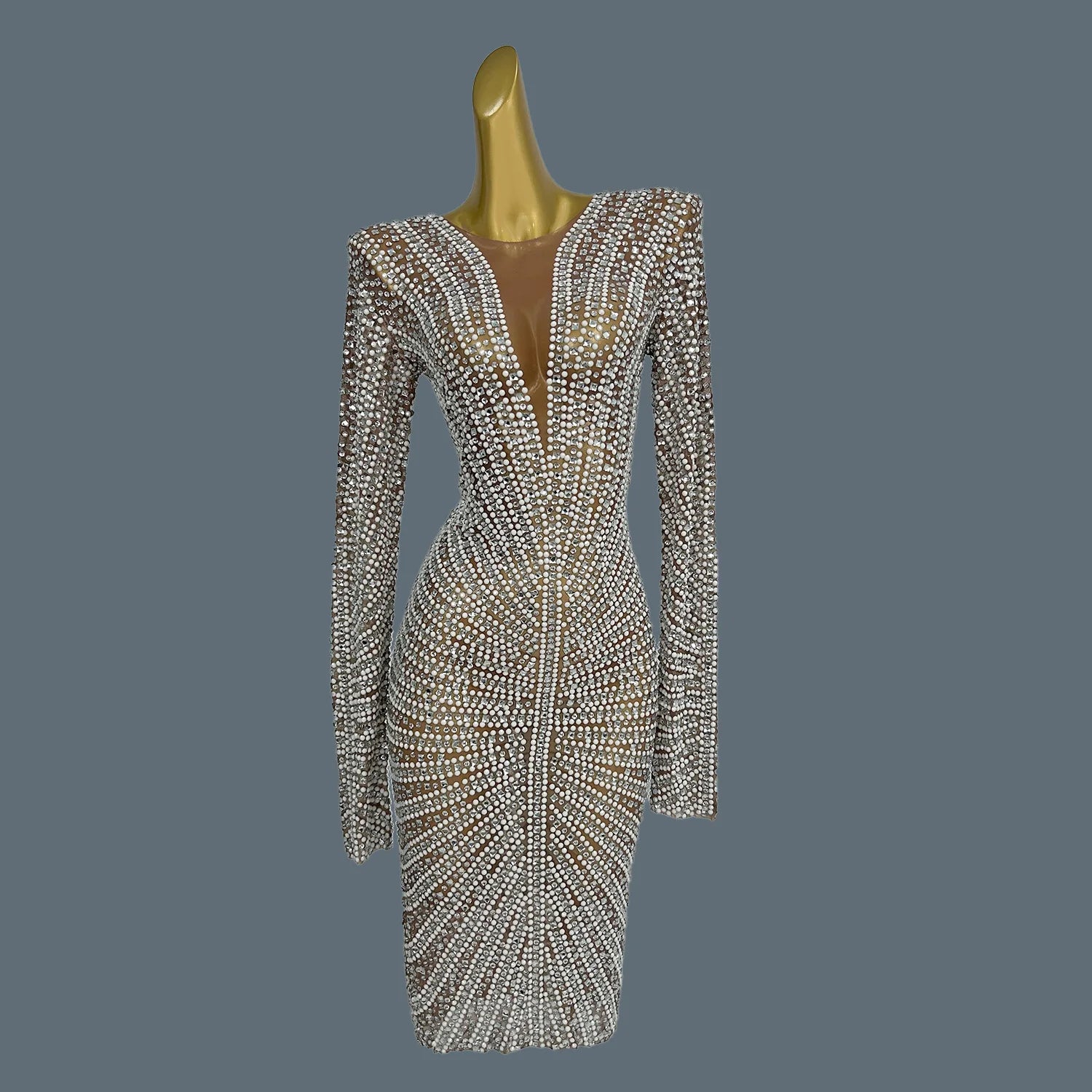 Glitter Cocktail Maxi Dress Women Lxury Pearl Diamonds Prom Gowns Celebrity Evening Party Elegant Frock Singer Costume Tanhaung Short Style Dress