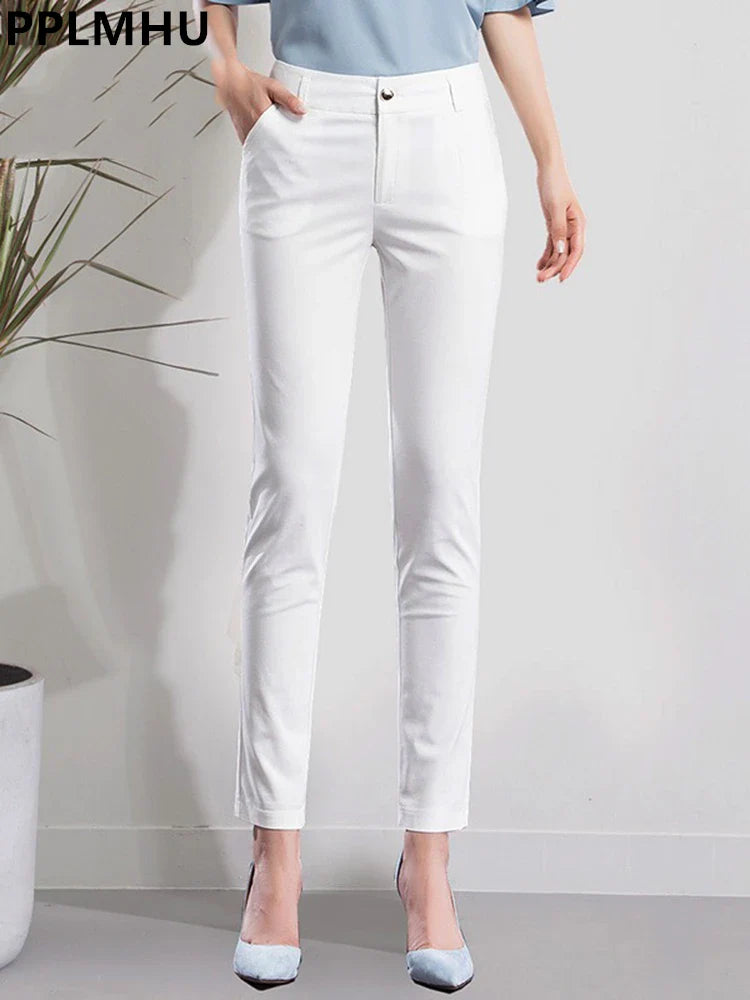 S-4xl Big Size Office Pencil Pants Womens Formal New Elegant OL Work Pantalones Elastic Cotton Slim Ankle-length Trousers