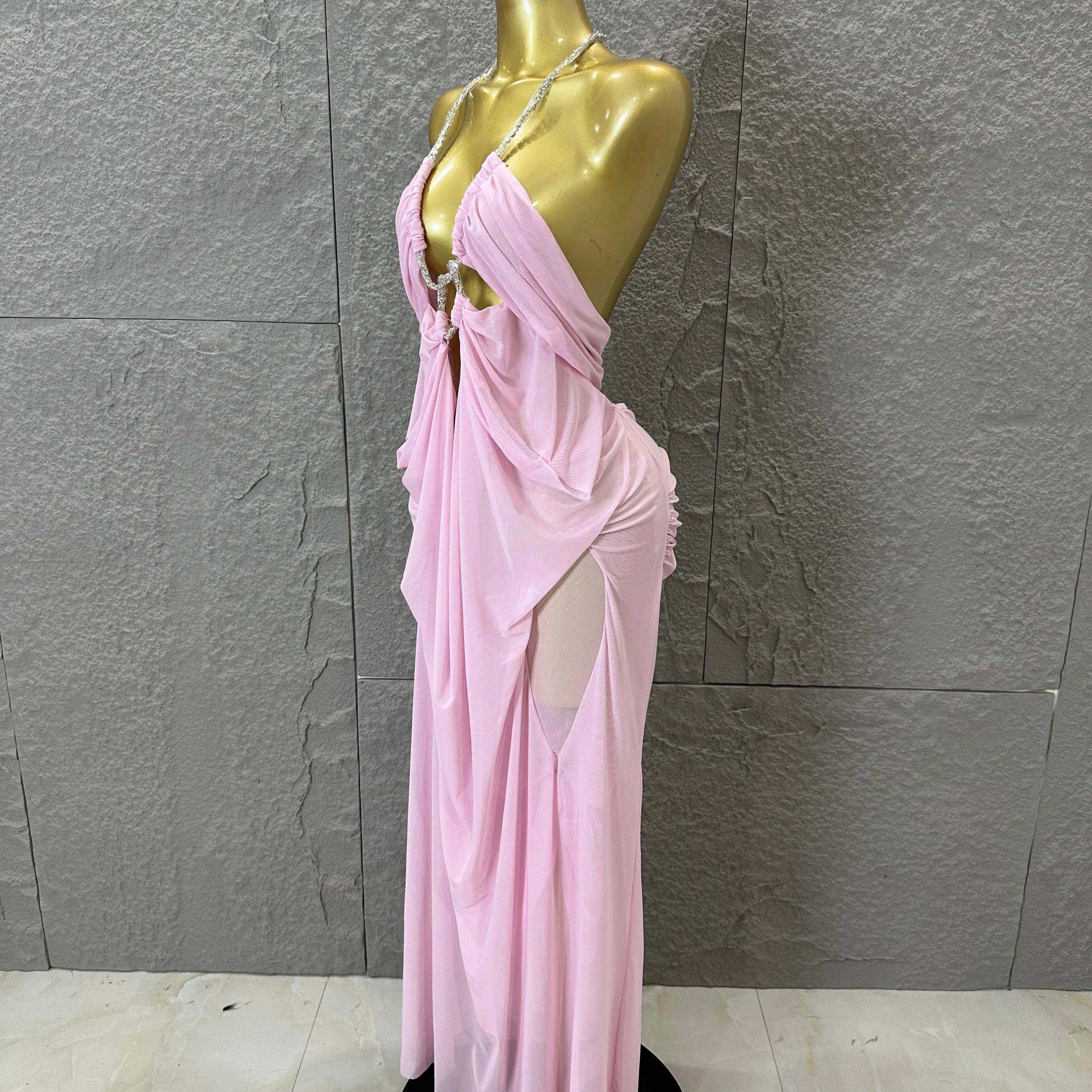 Sexy Halter Neck Maxi Dress Crystal Chain Cutout Ruched Women Sheer Mesh Form Outfit Glamorous Evening Gala Party Costume