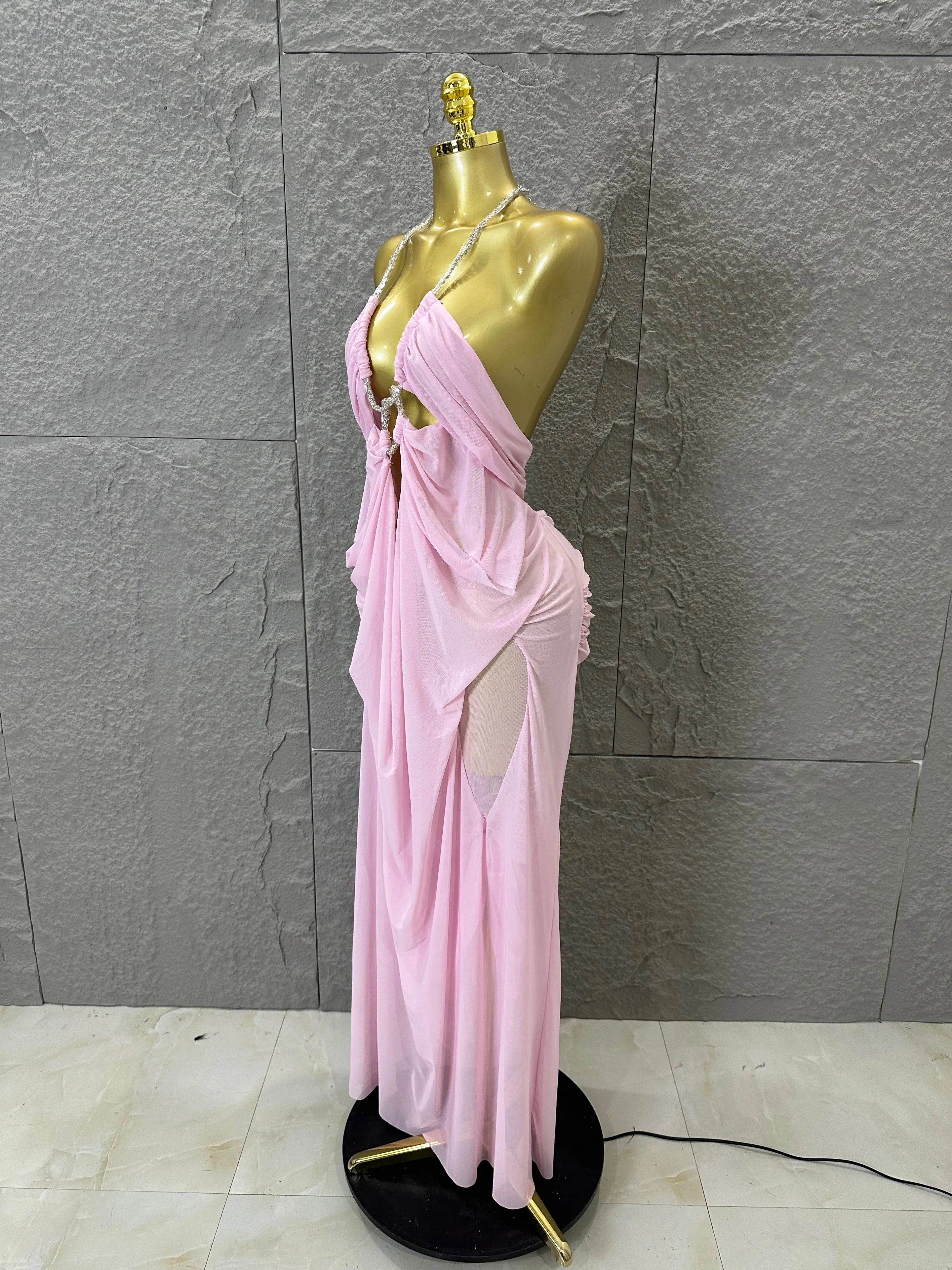 Sexy Halter Neck Maxi Dress Crystal Chain Cutout Ruched Women Sheer Mesh Form Outfit Glamorous Evening Gala Party Costume