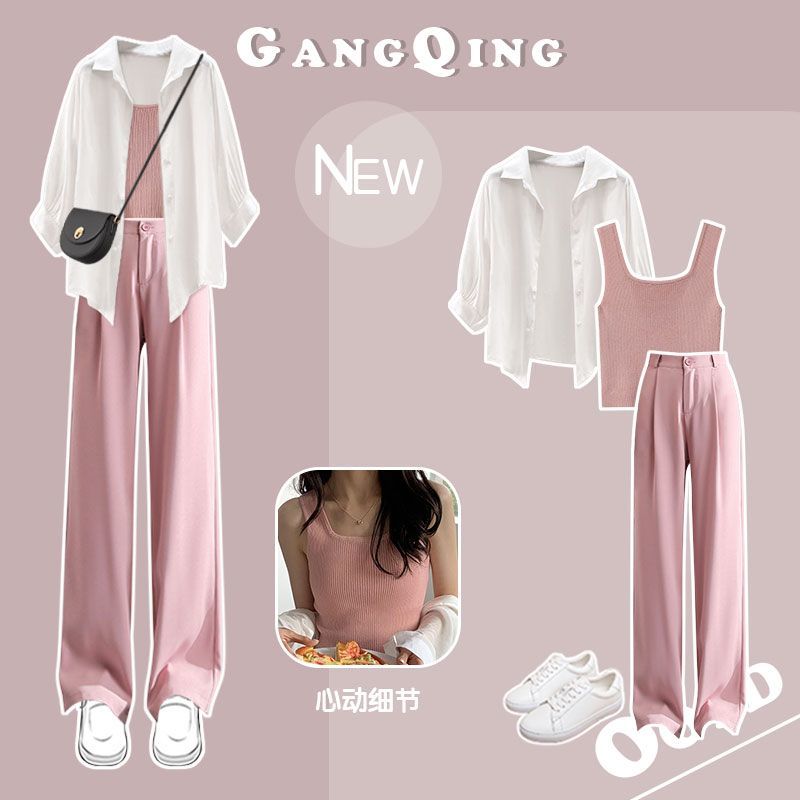 Women's Summer Suit 2024 New Casual Sunscreen Shirt Top+Strap+Casual Pants 3 Piece Korean Elegant Blouse Trousers Matching Set Set 06