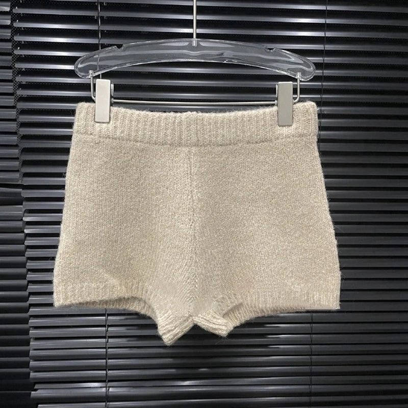 Autumn Winter New Large Fur Collar Knitted Soft Warm Sweater For Women Casual Solid Color Shorts Female 11A07781 only Khaki Shorts