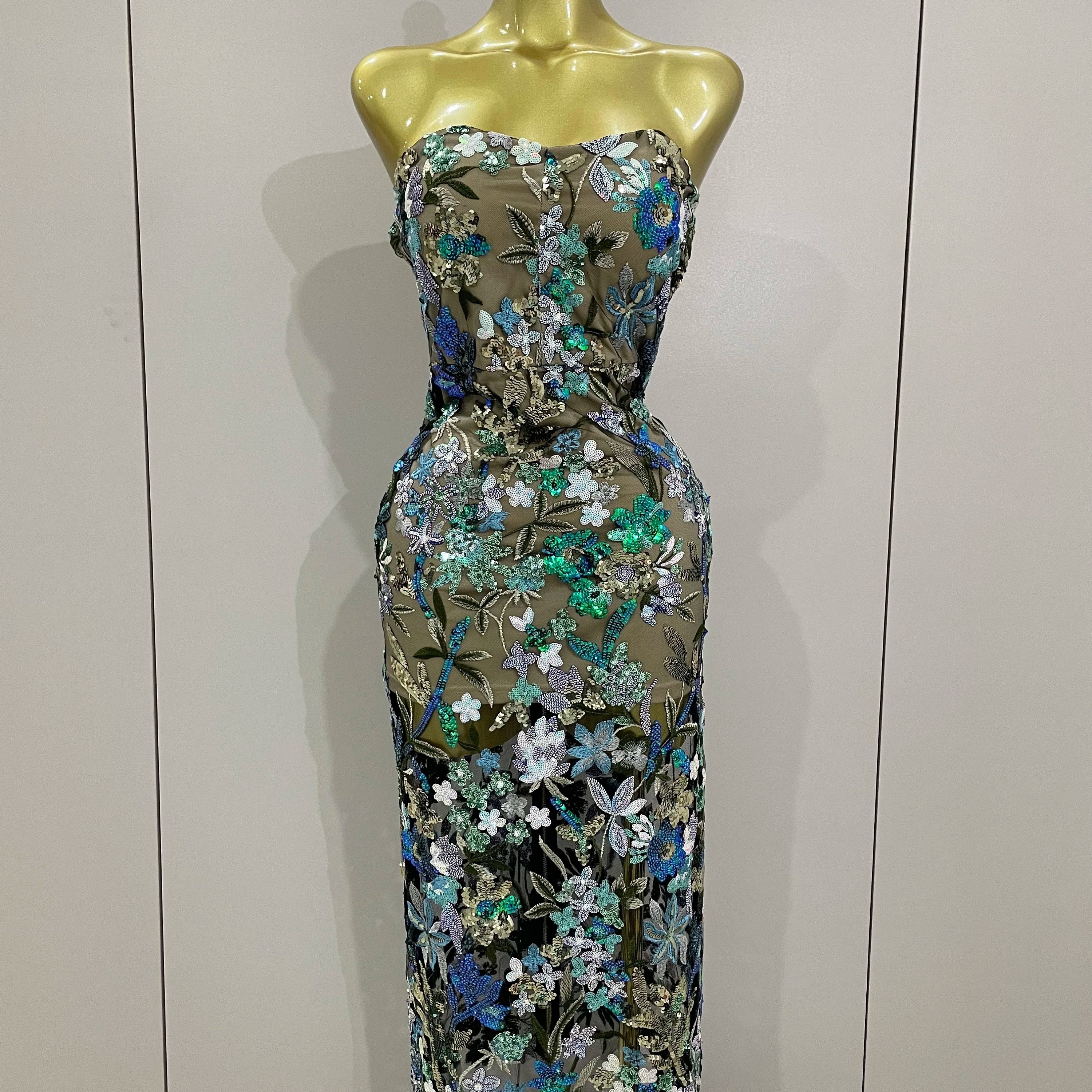 Sexy Strapless Floral Sequin Long Dress 2025 New Women Sequins Flower Backless Long Slim Dress Evening Party Runway Gown Dress Blue