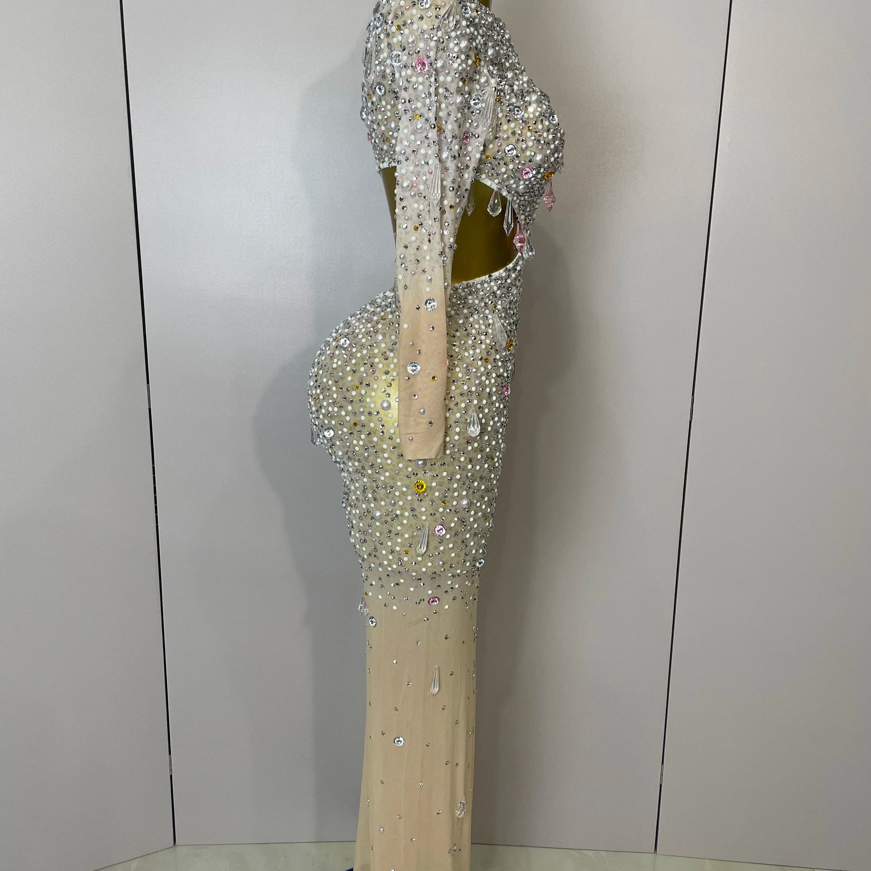 Stock 2025 Women Sexy One Shoulder Hollow Out Big Crystal Bodycon Long Dress Celebrate Nightclub Party Bar Singer Birthday Dress