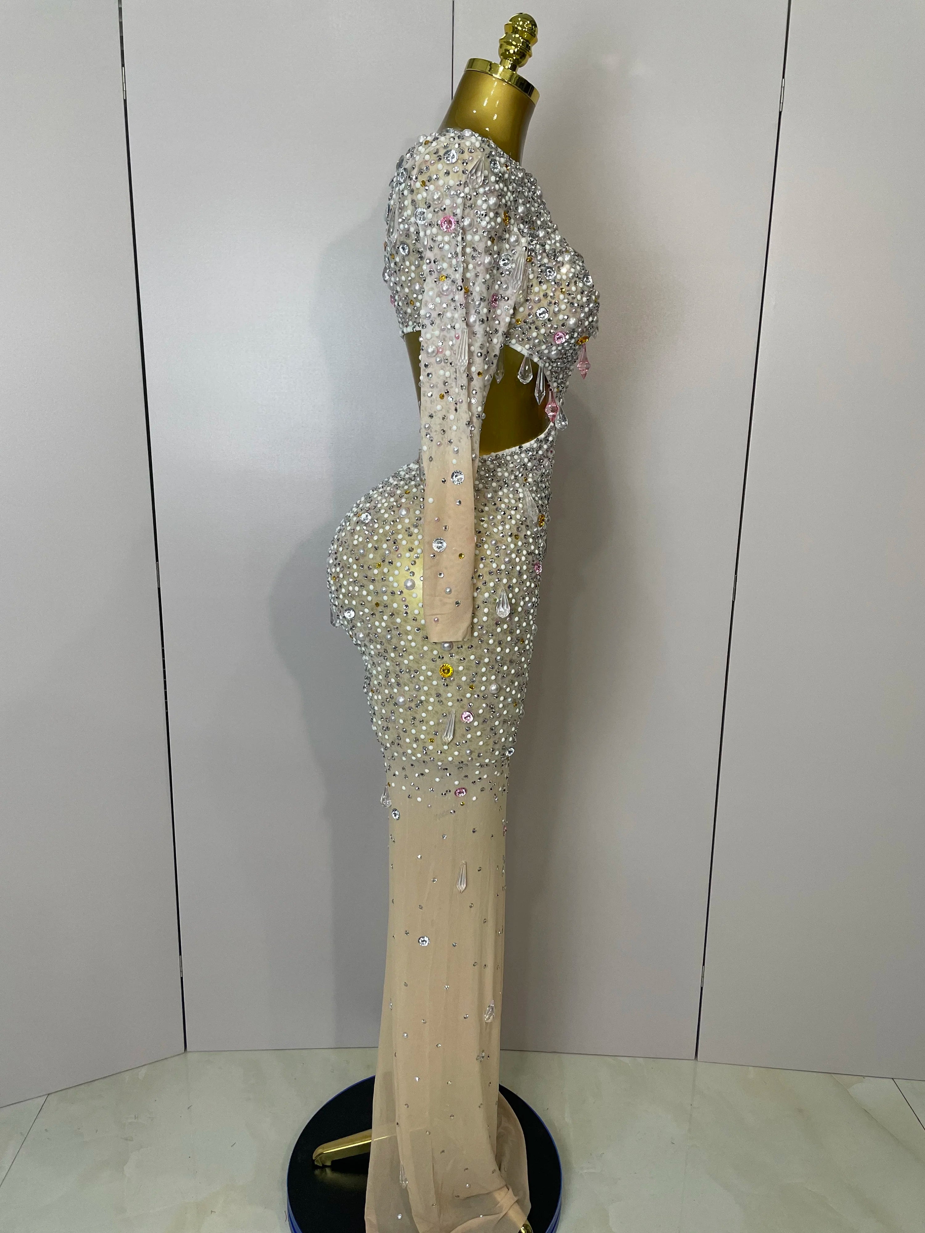 Stock 2025 Women Sexy One Shoulder Hollow Out Big Crystal Bodycon Long Dress Celebrate Nightclub Party Bar Singer Birthday Dress