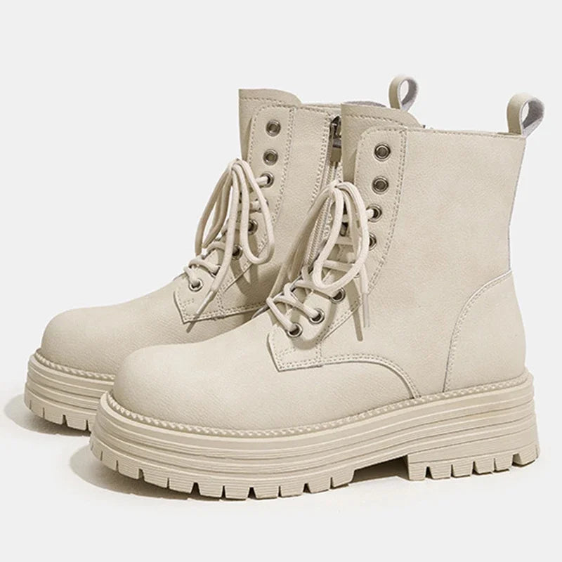 JOZHAMTA Size 34-40 Real Leather Ankle Boots Women Hike Treval Thick Heels Shoes Platform Motorcycle Boots Retro Combat Boots Beige