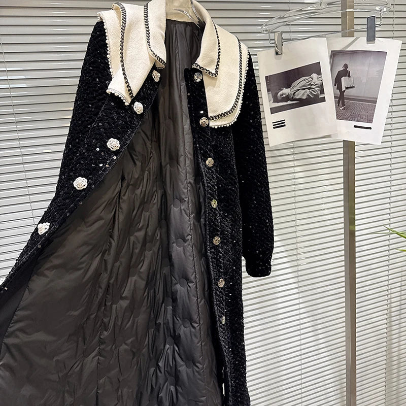 Winter New Elegant Temperament Pearl Edge Shawl With Belt Cotton Lined Trench Coat For Women Windbreaker 11A07739