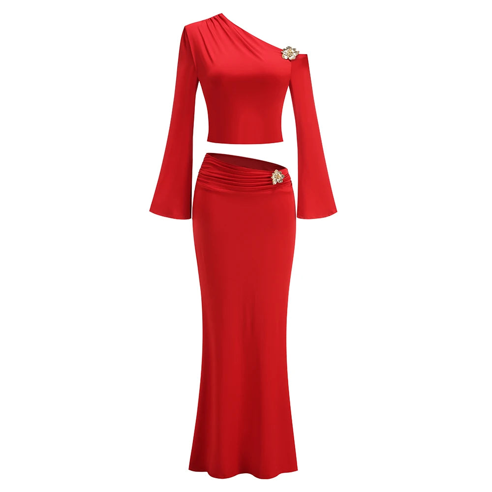 Chic One-Shoulder Crop Top and Maxi Skirt Ensemble with Floral Accents for a Special Occasion Evening Gown Red